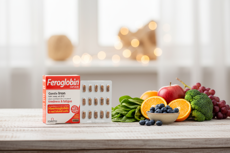 کپسول فروگلوبین در کنار مواد غذایی سالم برای رژیم متعادل